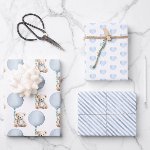 Blue Baby Shower Teddy Bear and Balloon  Wrapping Paper Sheets