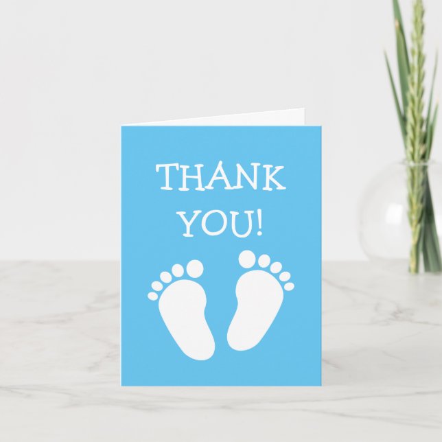 Blue baby shower thank you card with footprints (Front)