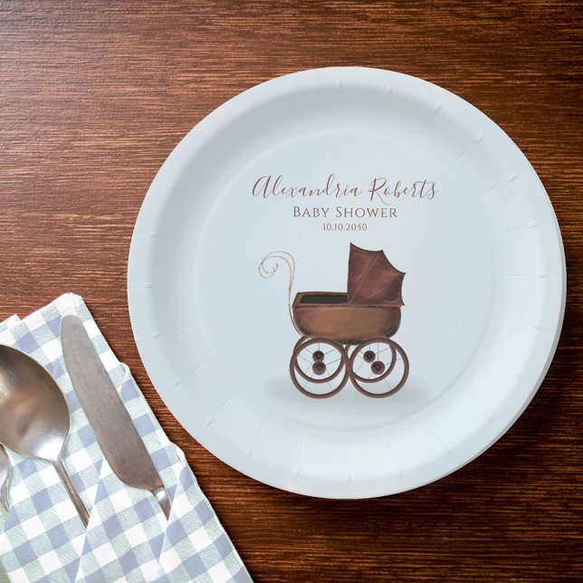 Blue Baby Shower Vintage Personalized Paper Plates (Boy Baby shower vintage carriage custom paper plate. )