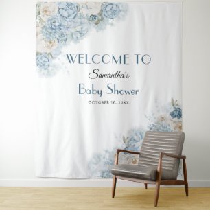 Blue Baby Shower Welcome Floral Backdrop Banner