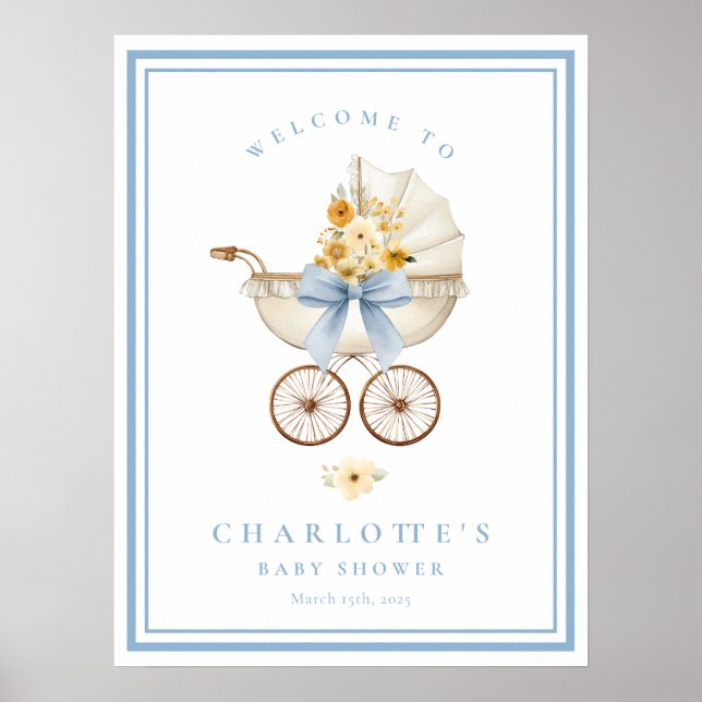 Blue Baby Shower Welcome Poster | Vintage Pram (Front)