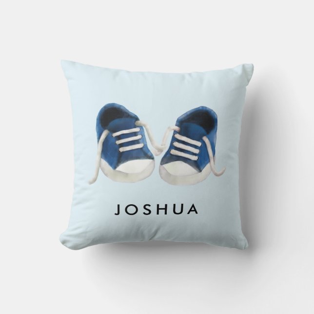 Blue Baby Sneakers Pillow, with Name, for Nursery Throw Pillow (Front)