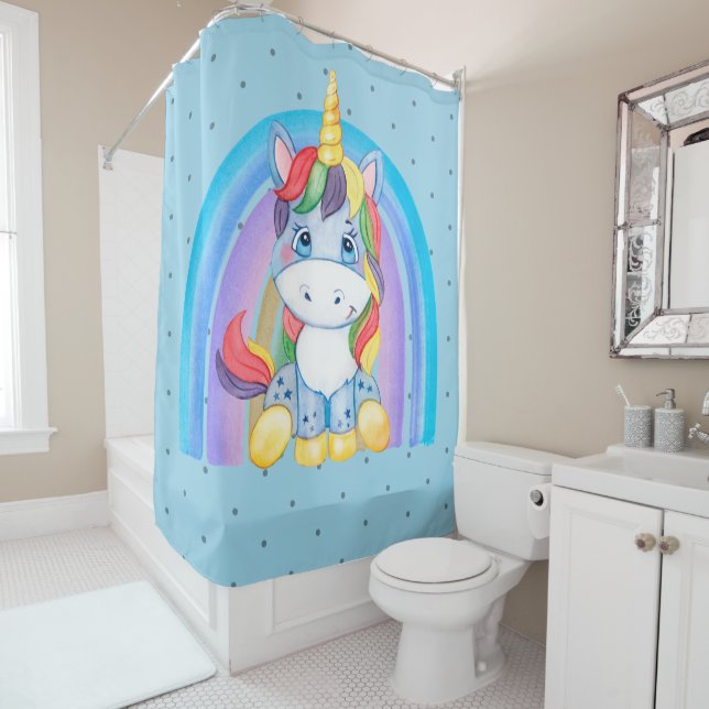Blue Baby Unicorn on Rainbow Shower Curtain (In Situ)