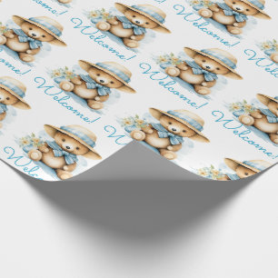 Blue Baby Welcome Teddy Bear Gift Wrapping Paper