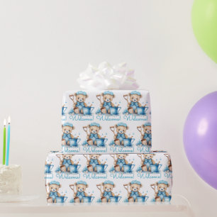 Blue Baby Welcome Teddy Bear Gift Wrapping Paper