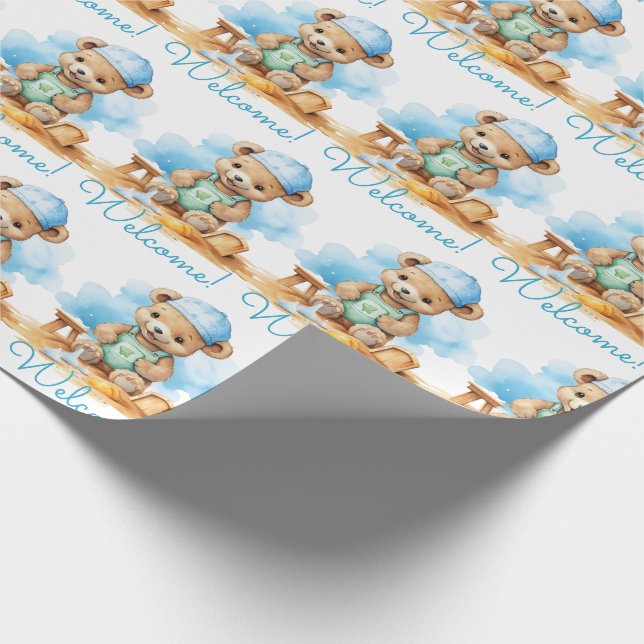 Blue Baby Welcome Teddy Bear Gift Wrapping Paper (Corner)