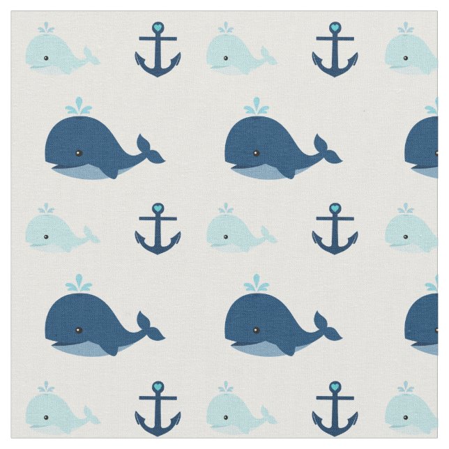 Blue Baby Whales and Anchors Fabric (Close Up)
