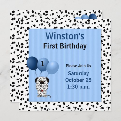 Blue Babys 1st Birthday Party Dalmatian Theme Invitation