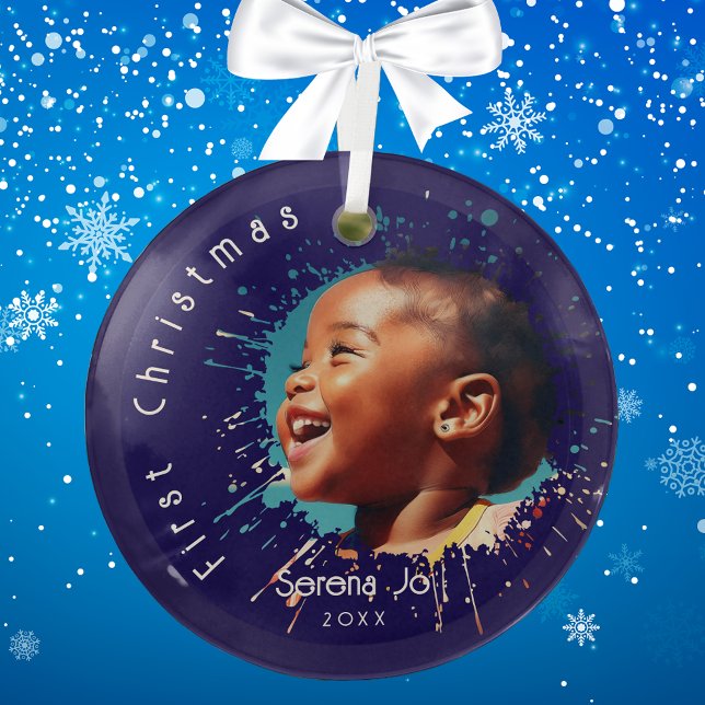 Blue Baby's First Christmas Splatter Pattern  Glass Ornament (Creator Uploaded)