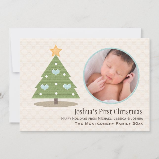 Blue Baby's First Christmas Tree Photo Card (Front)