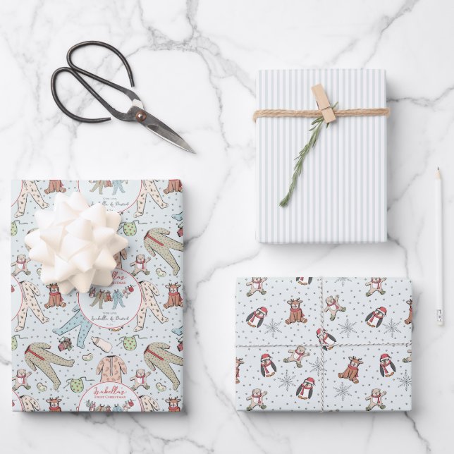 Blue Babys First Christmas Winter Pajamas Wrapping Paper Sheets (Front)