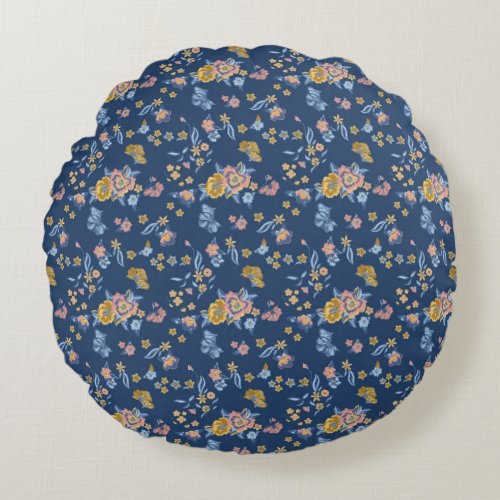 Blue Bacground Thread Effect Floral Pattern Round Pillow