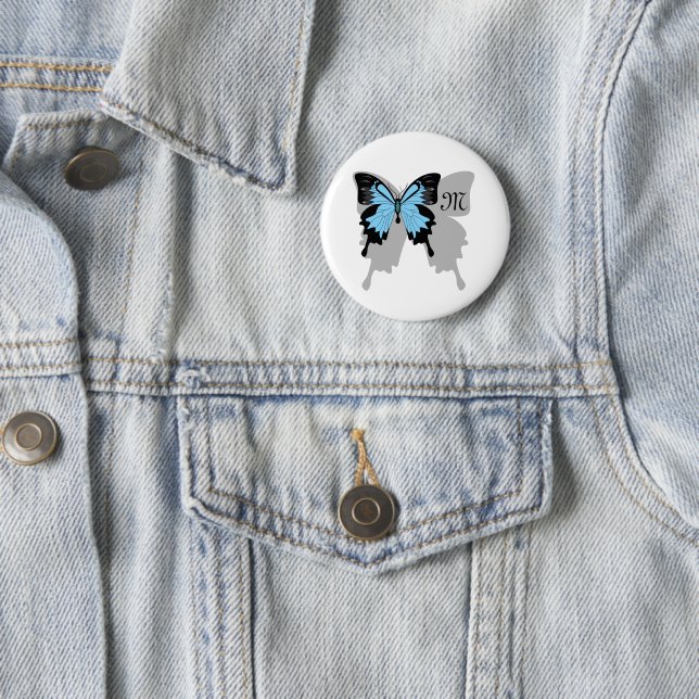 Blue Backed Butterfly Shadow Monogram Button (In Situ)