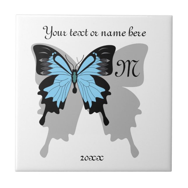Blue Backed Butterfly Shadow Monogram Ceramic Tile (Front)