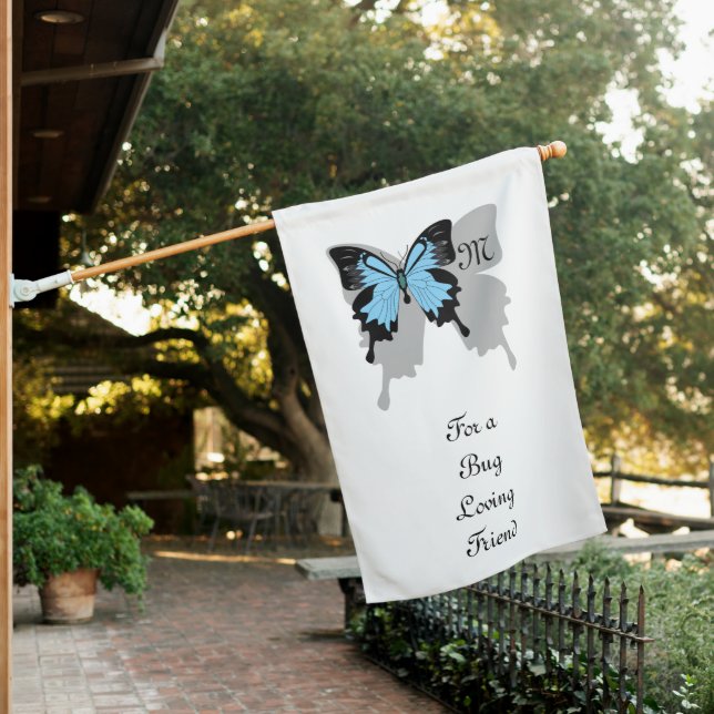 Blue Backed Butterfly Shadow Monogram House Flag (In SItu)