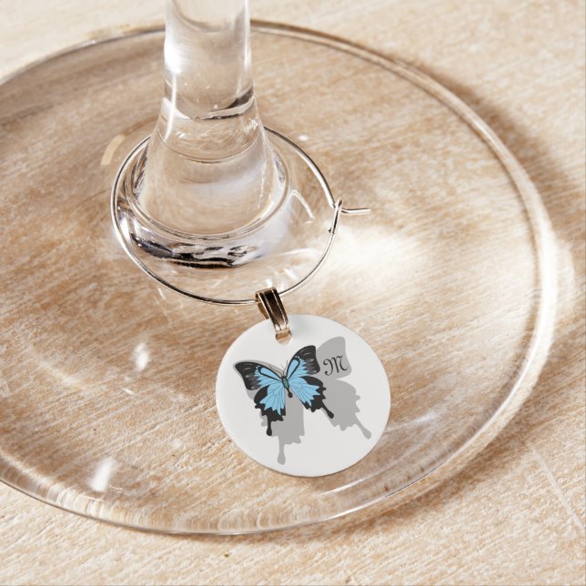Blue Backed Butterfly Shadow Monogram Wine Charm (In Situ)