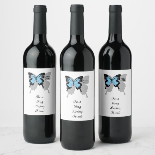 Blue Backed Butterfly Shadow Monogram Wine Label