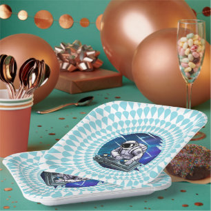 Blue Background Astronaut DJ Music Space Paper Plates