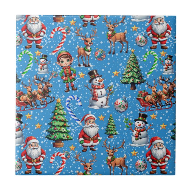 Blue Background Christmas Decorative Pattern Ceramic Tile (Front)