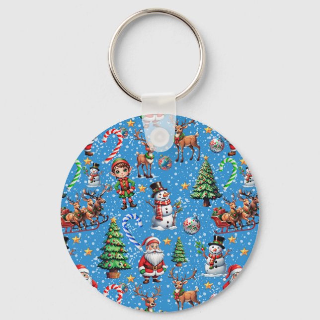Blue Background Christmas Decorative Pattern Keychain (Front)