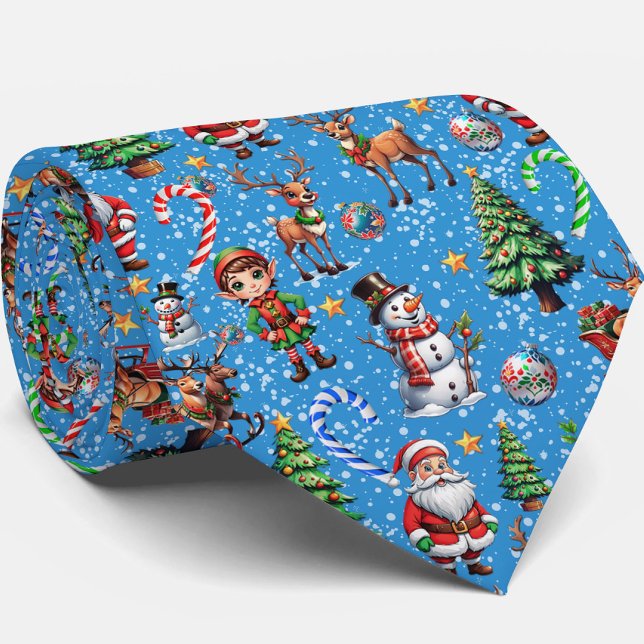 Blue Background Christmas Decorative Pattern Neck Tie (Creator Uploaded)
