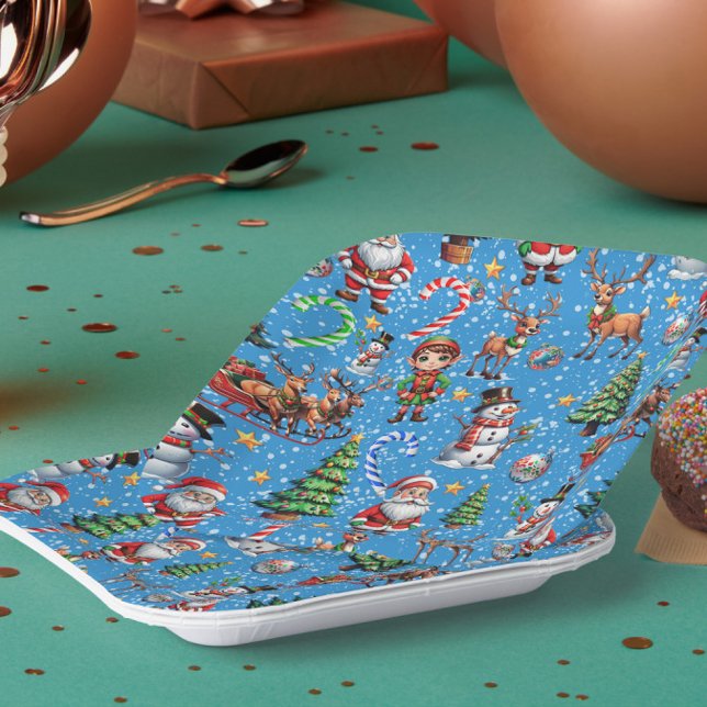 Blue Background Christmas Decorative Pattern Paper Plates (Creator Uploaded)