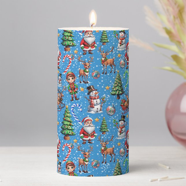 Blue Background Christmas Decorative Pattern Pillar Candle (Creator Uploaded)