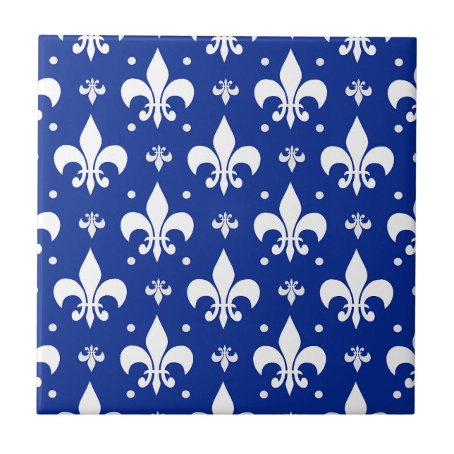 Blue Background Fleur-de-lis Pattern Design  Ceramic Tile (Front)