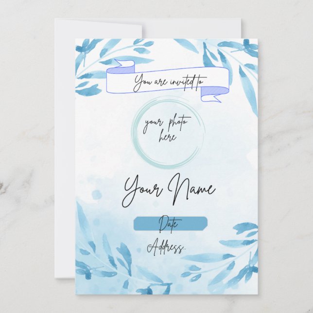 Blue background floral birthday invitation  (Front)