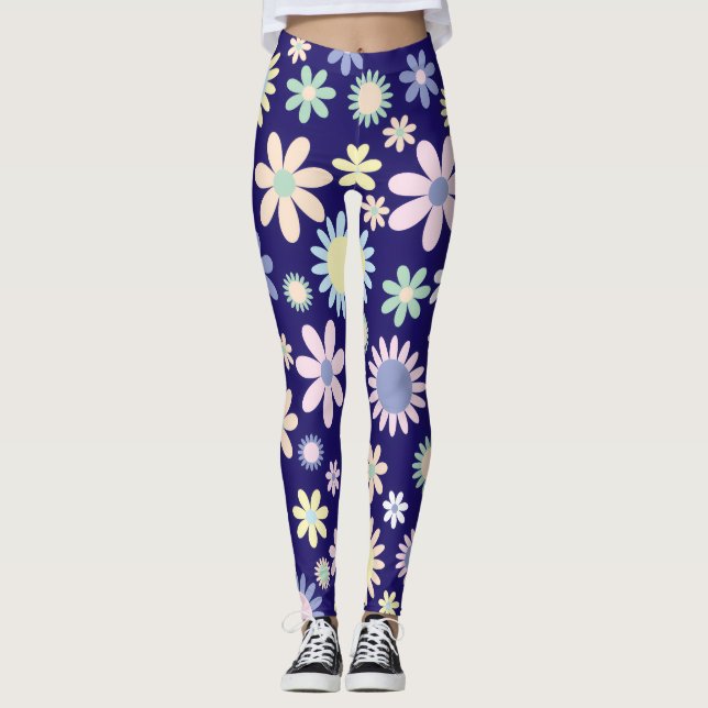 Blue Background Floral Pattern Leggings (Front)