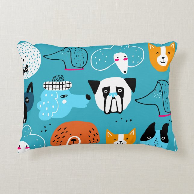 Blue Background, Playful Dog Pattern. Accent Pillow (Front)