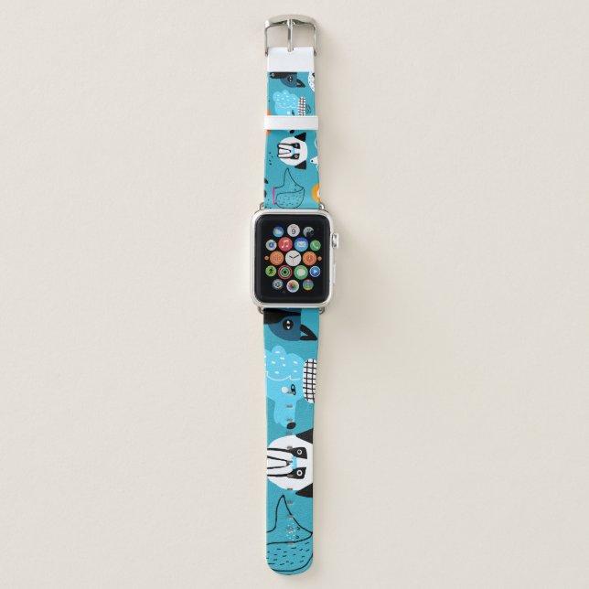 Blue Background, Playful Dog Pattern. Apple Watch Band (Front)
