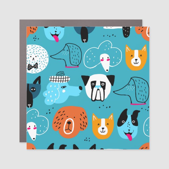 Blue Background, Playful Dog Pattern. Car Magnet (Front)