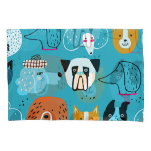 Blue Background, Playful Dog Pattern. Pillow Case