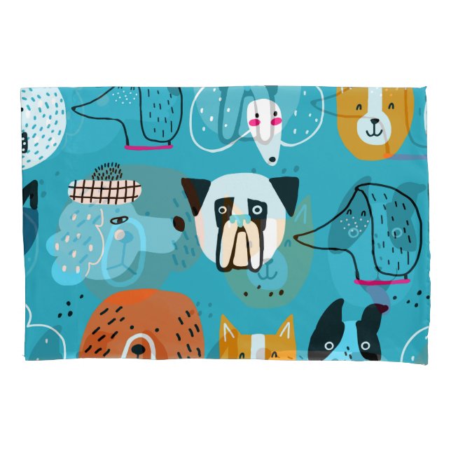 Blue Background, Playful Dog Pattern. Pillow Case (Front)
