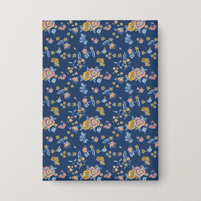 Blue Background Thread Effect Floral Pattern Button (Front)