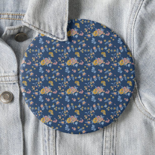 Blue Background Thread Effect Floral Pattern Button