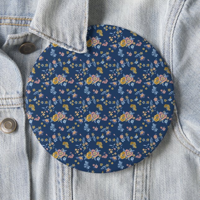 Blue Background Thread Effect Floral Pattern Button (In Situ)