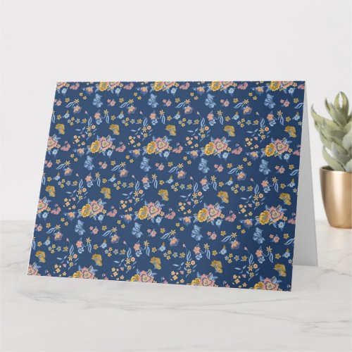 Blue Background Thread Effect Floral Pattern Card