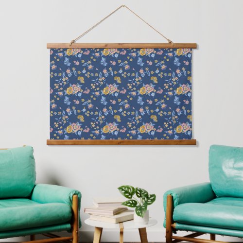 Blue Background Thread Effect Floral Pattern Hanging Tapestry