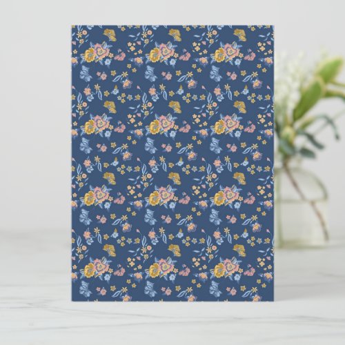 Blue Background Thread Effect Floral Pattern Holiday Card