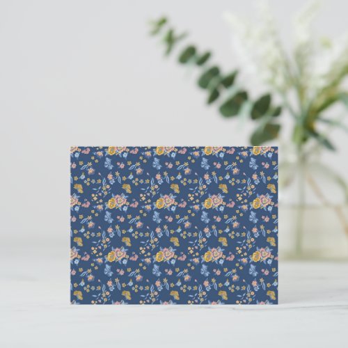 Blue Background Thread Effect Floral Pattern Holiday Postcard