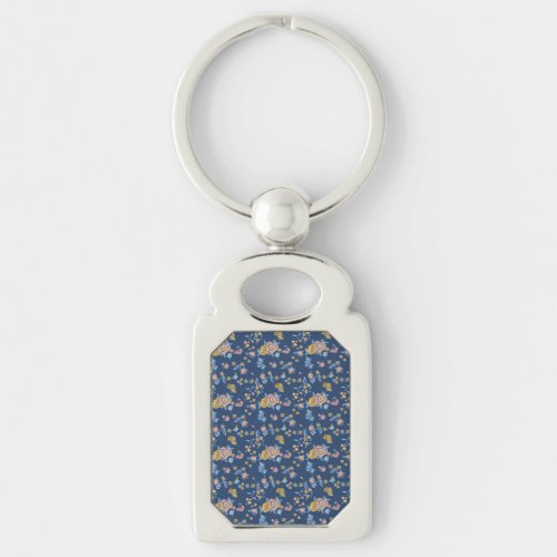 Blue Background Thread Effect Floral Pattern Keychain