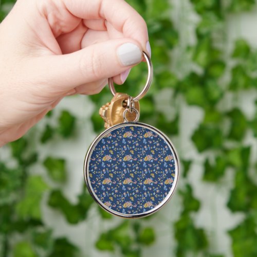 Blue Background Thread Effect Floral Pattern Keychain