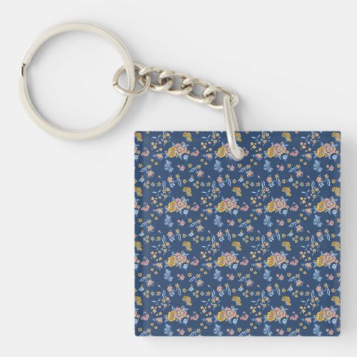 Blue Background Thread Effect Floral Pattern Keychain