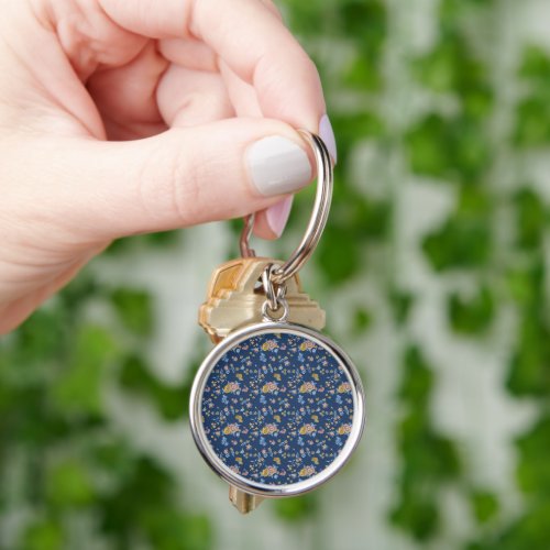 Blue Background Thread Effect Floral Pattern Keychain