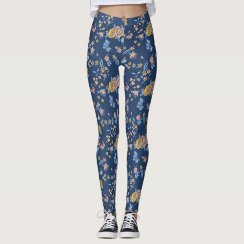 Blue Background Thread Effect Floral Pattern Leggings