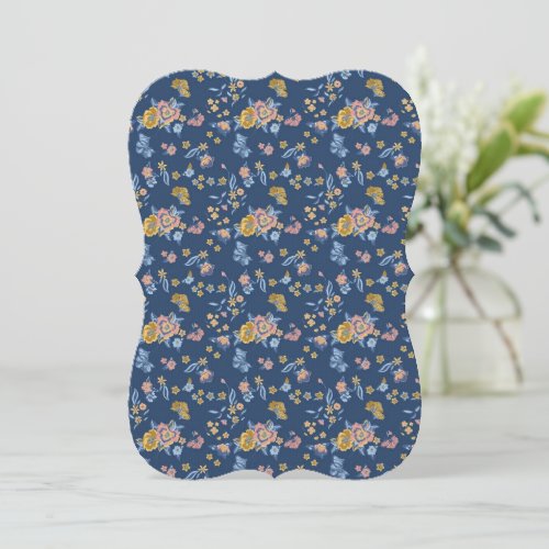 Blue Background Thread Effect Floral Pattern Note Card