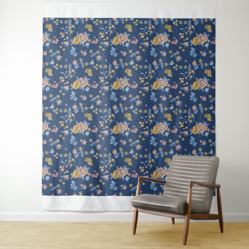 Blue Background Thread Effect Floral Pattern Tapestry