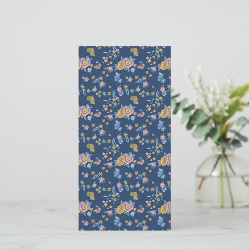 Blue Background Thread Effect Floral Pattern Thank You Card